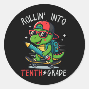 Sticker Rond Ck À l'école qui entre en 10e année T-rex Skatebo