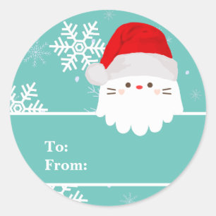 Sticker Rond Clair Turquoise Bleu Père Noël Cat Christmas Cadea