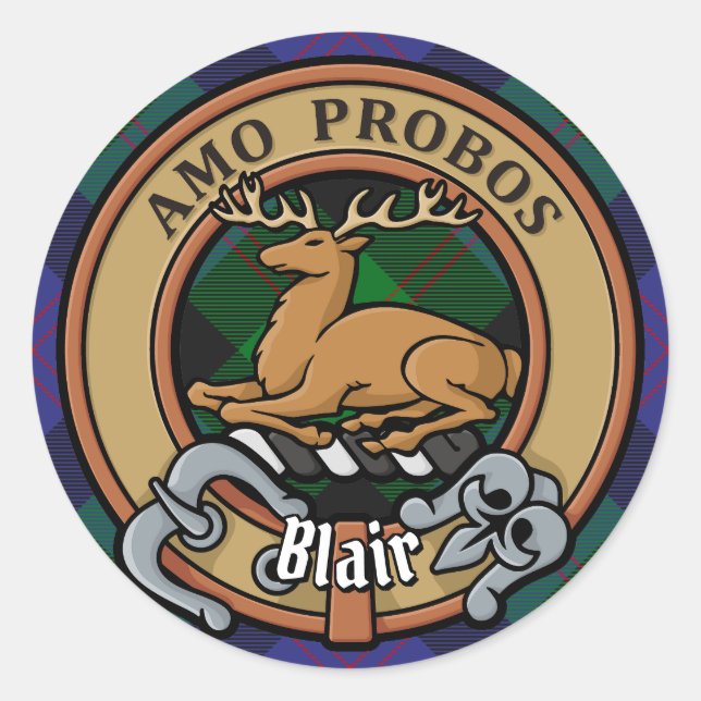 Sticker Rond Clan Blair Crest sur Tartan (Devant)