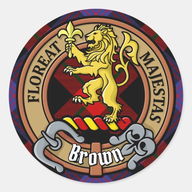 Sticker Rond Clan Brown Crest sur Tartan (Devant)