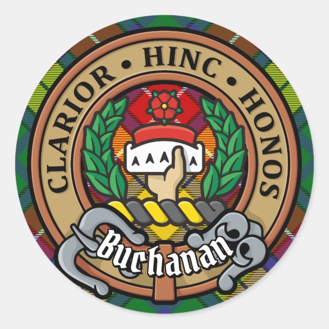 Sticker Rond Clan Buchanan Crest sur Tartan (Devant)