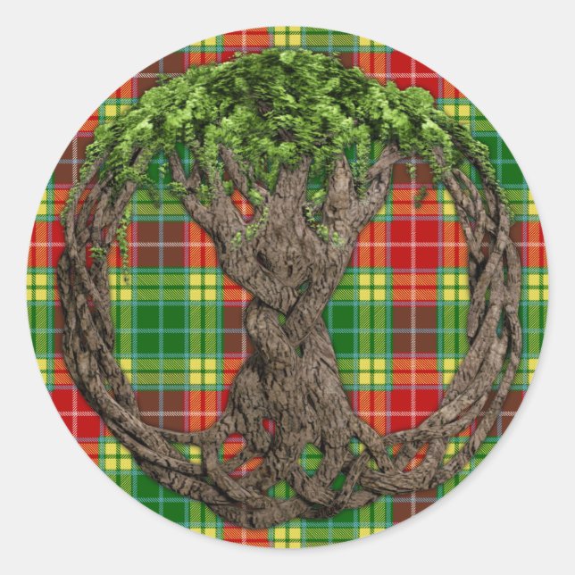 Sticker Rond Clan Buchanan Tartan Et Arbre Celtique De Vie (Devant)