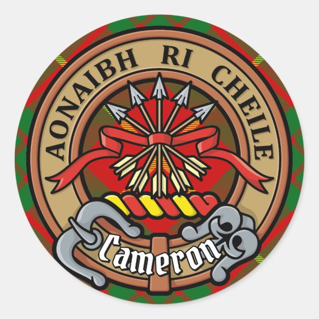 Sticker Rond Clan Cameron Crest sur Tartan (Devant)
