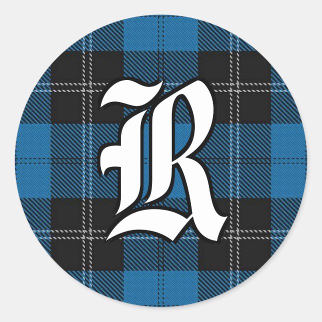 Sticker Rond Clan classique Ramsay Blue Tartan Monogramme (Devant)