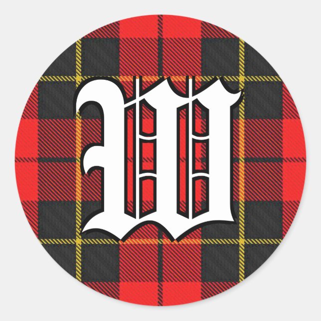 Sticker Rond Clan classique Wallace Rouge et noir Tartan Monogr (Devant)