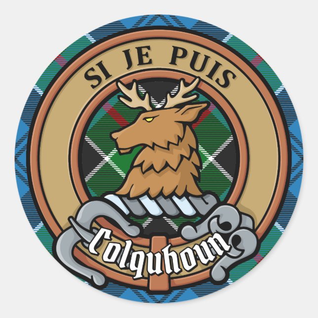 Sticker Rond Clan Colquhoun Crest sur Tartan (Devant)