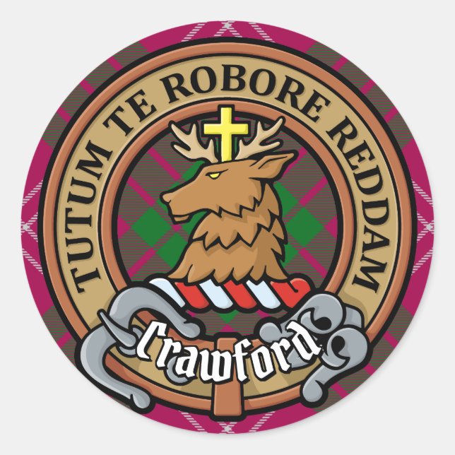 Sticker Rond Clan Crawford Crest sur Tartan (Devant)