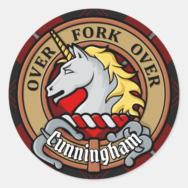 Sticker Rond Clan Cunningham Crest sur Tartan (Devant)