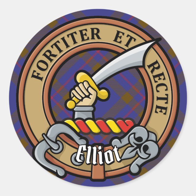 Sticker Rond Clan Elliot Crest sur Tartan moderne (Devant)