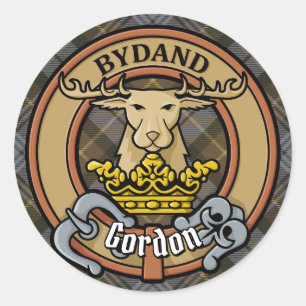 Sticker Rond Clan Gordon Crest sur Tartan Patiné