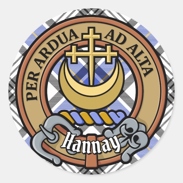 Sticker Rond Clan Hannay Crest sur Tartan (Devant)