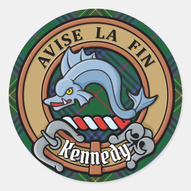 Sticker Rond Clan Kennedy Crest sur Tartan (Devant)