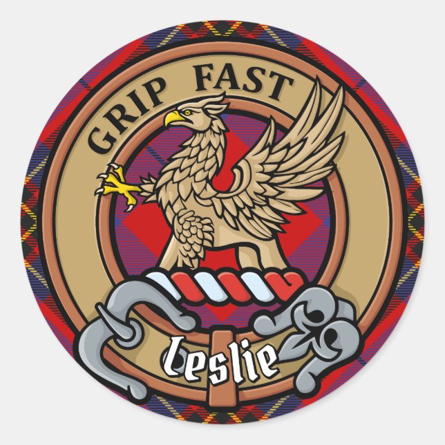 Sticker Rond Clan Leslie Crest sur Red Tartan (Devant)