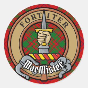 Sticker Rond Clan MacAlister de Glenbarr Crest sur Tartan