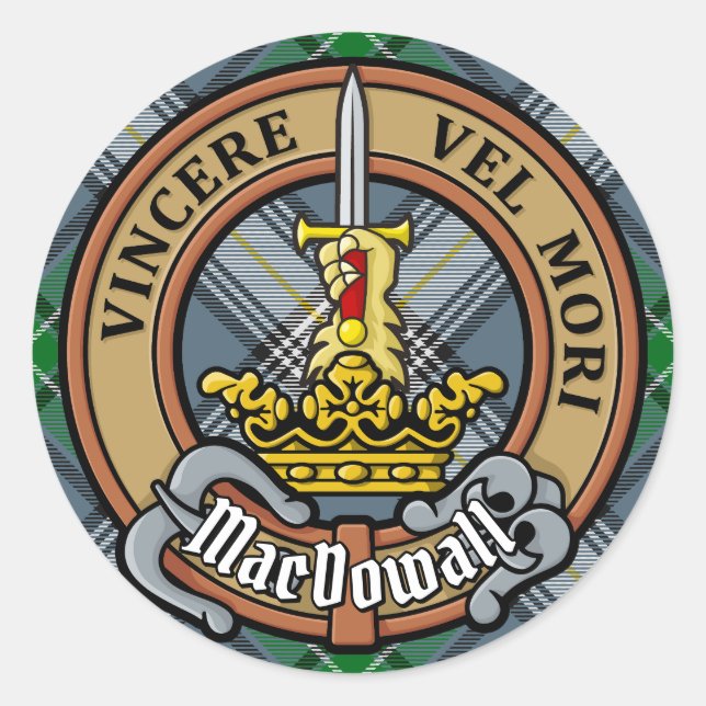Sticker Rond Clan MacDowall Crest sur Tartan (Devant)