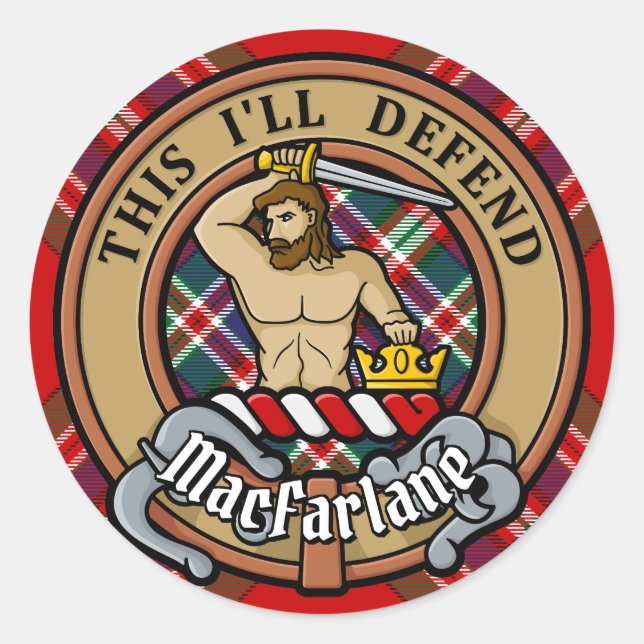 Sticker Rond Clan MacFarlane Crest sur Tartan (Devant)