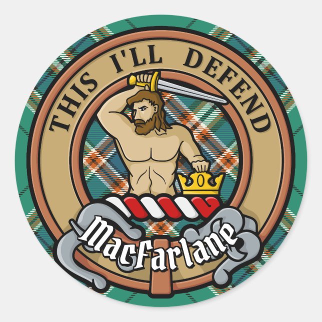 Sticker Rond Clan MacFarlane Crest sur Tartan de chasse antique (Devant)