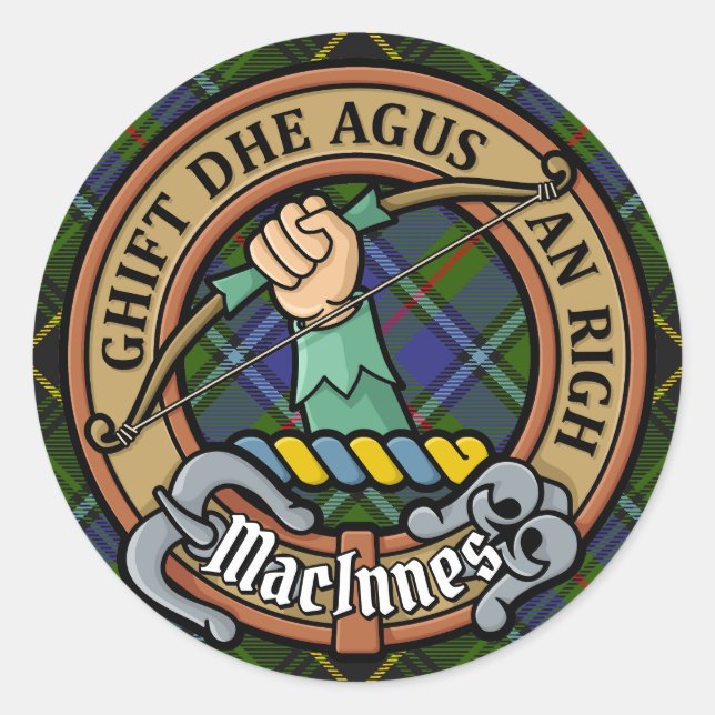 Sticker Rond Clan MacInnes Crest sur Tartan (Devant)