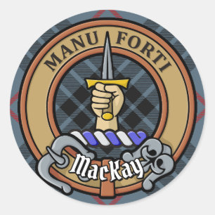 Sticker Rond Clan MacKay Crest sur Blue Tartan