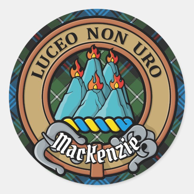 Sticker Rond Clan MacKenzie Crest sur Tartan (Devant)