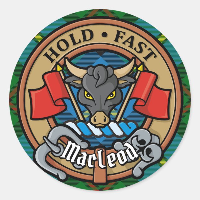 Sticker Rond Clan MacLeod Crest sur la chasse Tartan (Devant)