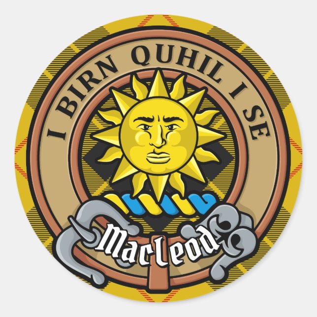 Sticker Rond Clan MacLeod de Lewis Crest sur Tartan (Devant)