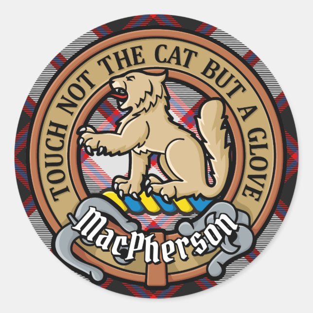 Sticker Rond Clan MacPherson Crest sur la chasse Tartan (Devant)