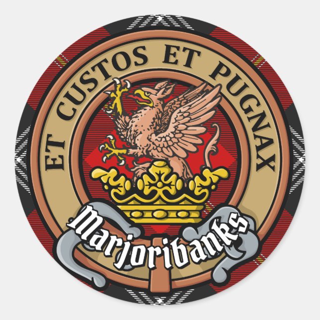 Sticker Rond Clan Marjoribanks crête sur Tartan (Devant)