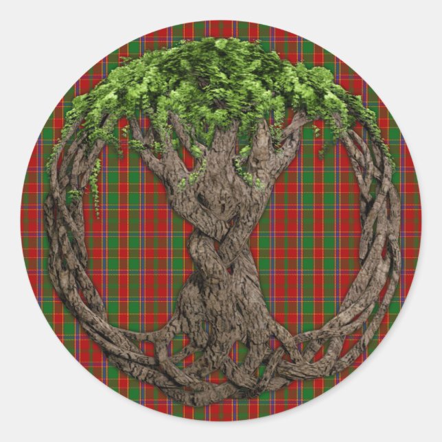 Sticker Rond Clan Munro Tartan Et Arbre Celtique De Vie (Devant)