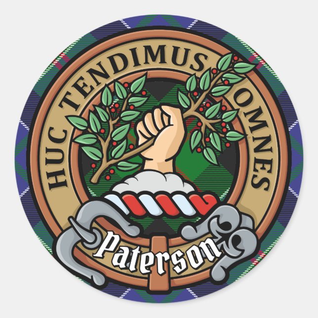 Sticker Rond Clan Paterson Crest sur Tartan (Devant)