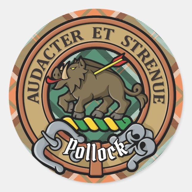 Sticker Rond Clan Pollock Crest sur Tartan (Devant)