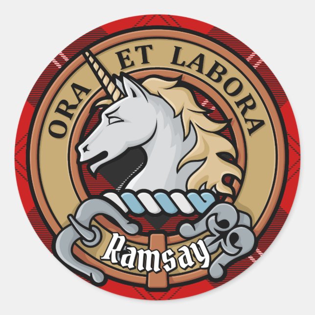 Sticker Rond Clan Ramsay Crest sur Red Tartan (Devant)