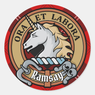 Sticker Rond Clan Ramsay Crest sur Red Tartan