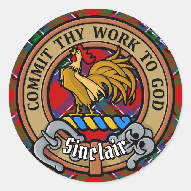 Sticker Rond Clan Sinclair Crest sur Red Tartan (Devant)
