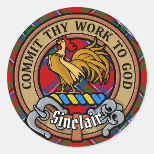 Sticker Rond Clan Sinclair Crest sur Red Tartan
