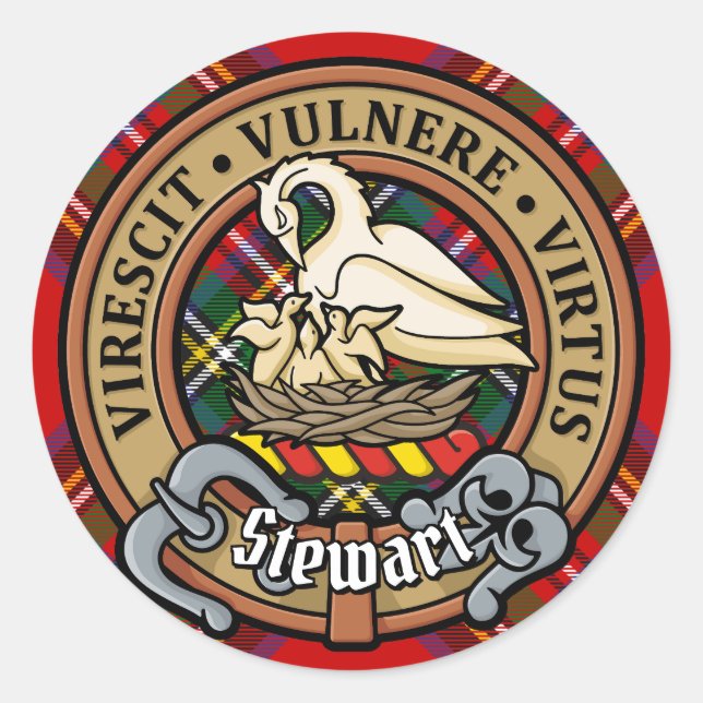 Sticker Rond Clan Stewart Crest sur Royal Tartan (Devant)