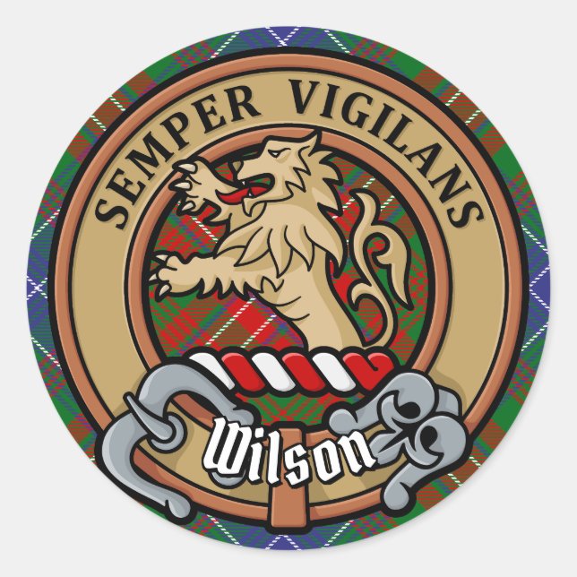 Sticker Rond Clan Wilson Crest sur Tartan moderne (Devant)