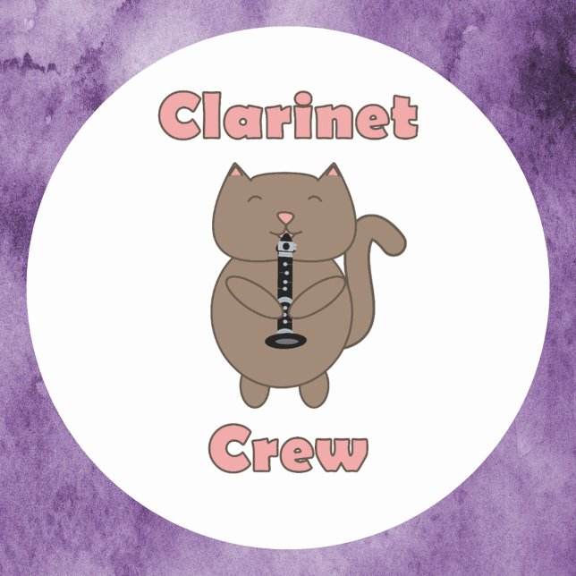 Sticker Rond Clarinet Crew Cat Rose (A sticker that says Clarinet Crew in pink along with a brown cat playing the clarinet.)