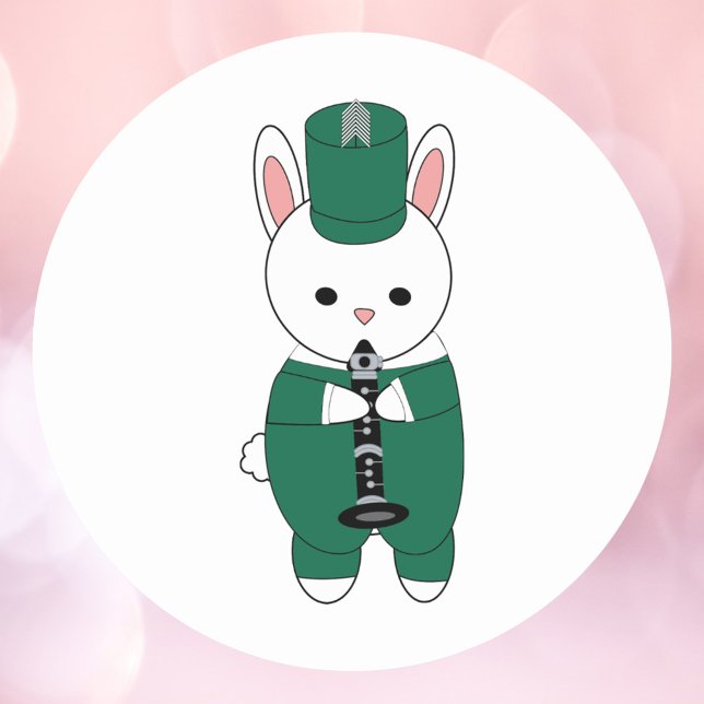 Sticker Rond Clarinet Rabbit Bande de Marquage Vert Blanc (A sticker of a clarinet playing bunny rabbit wearing a green and white marching band outfit.)