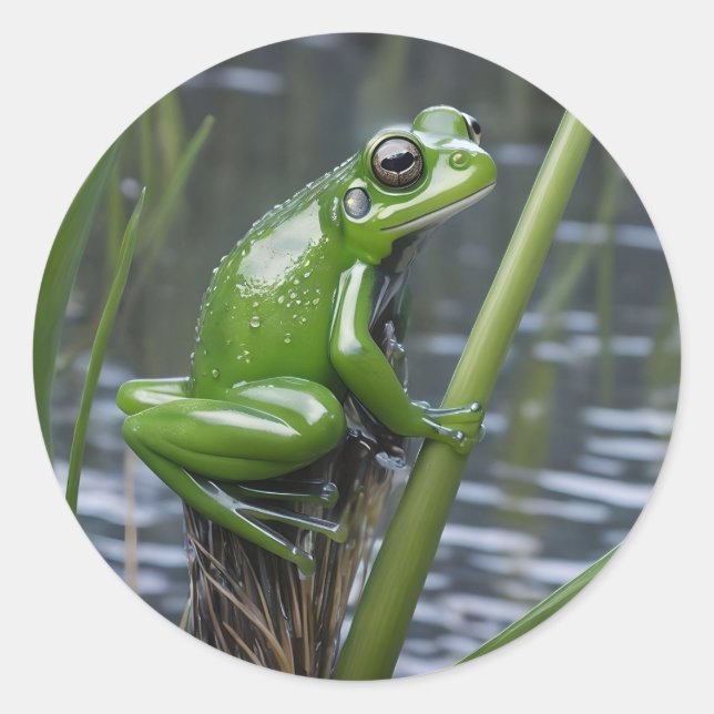Sticker Rond "Clarté cristalline : Grenouille verte en verre su (Devant)