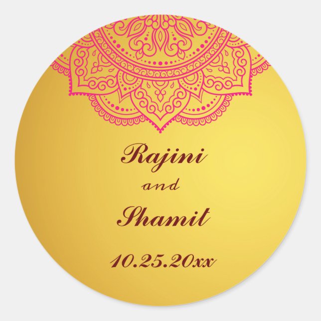 Sticker Rond Clas Mariage Gold Pink Red Indian Paisley (Devant)