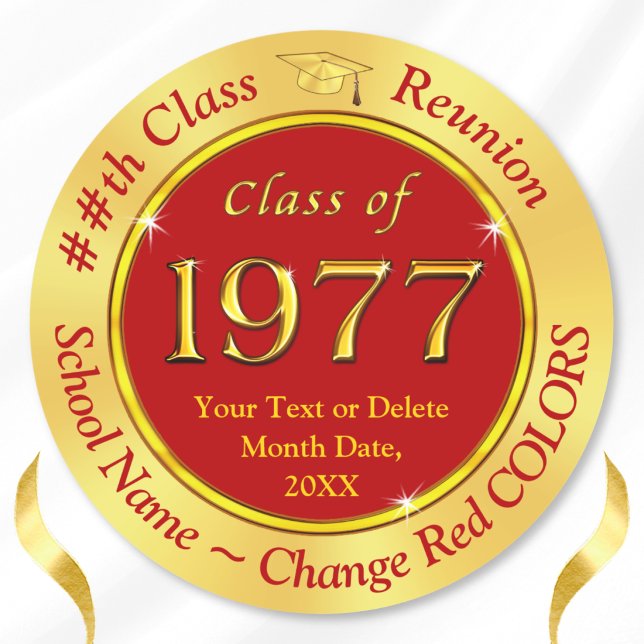 Sticker Rond Classe de 1977 Autocollants, Décorations ou... (Class of 1977, class reunion stickers. Red and gold, class of 77, favor stickers, decorations. 1977.)