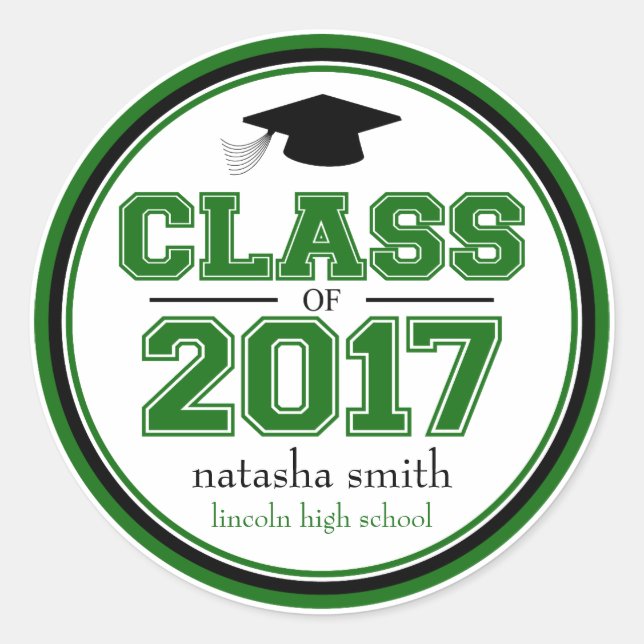 Sticker Rond Classe De 2017 Faveur De Graduation (Vert / Noir) (Devant)
