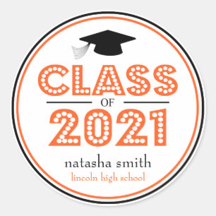 Sticker Rond Classe De 2021 Faveur De Graduation (Orange / Noir