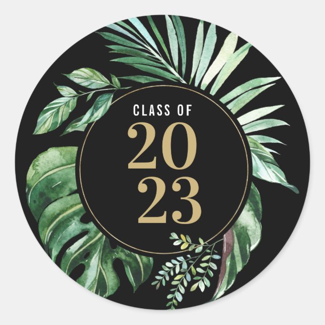 Sticker Rond Classe de 2021 Green Tropical Leaf Graduation (Devant)