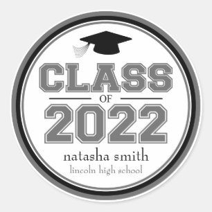 Sticker Rond Classe De 2022 Faveur De Graduation (Gris / Noir)