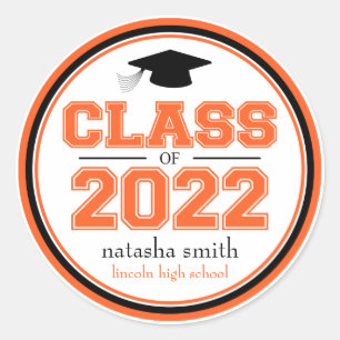 Sticker Rond Classe De 2022 Faveur De Graduation (Orange / Noir