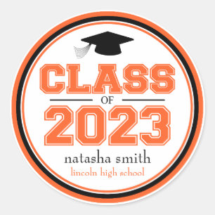Sticker Rond Classe De 2023 Faveur De Graduation (Orange / Noir