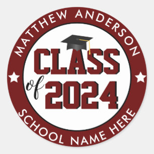 Sticker Rond Classe de 2024 Burgundy Graduate Graduate Party