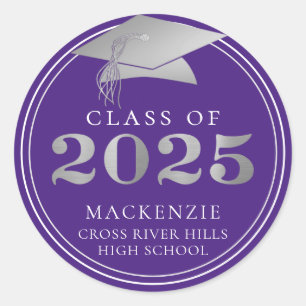 Sticker Rond Classe de 2024 Elegant Purple Silver Personnalisé
